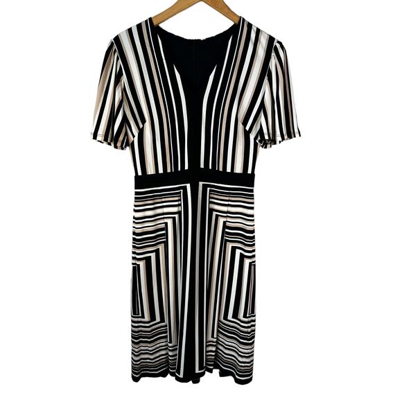 London Times Women's Striped Knee Jersey Midi Dress Black Taupe Career Office - Picture 3 of 11